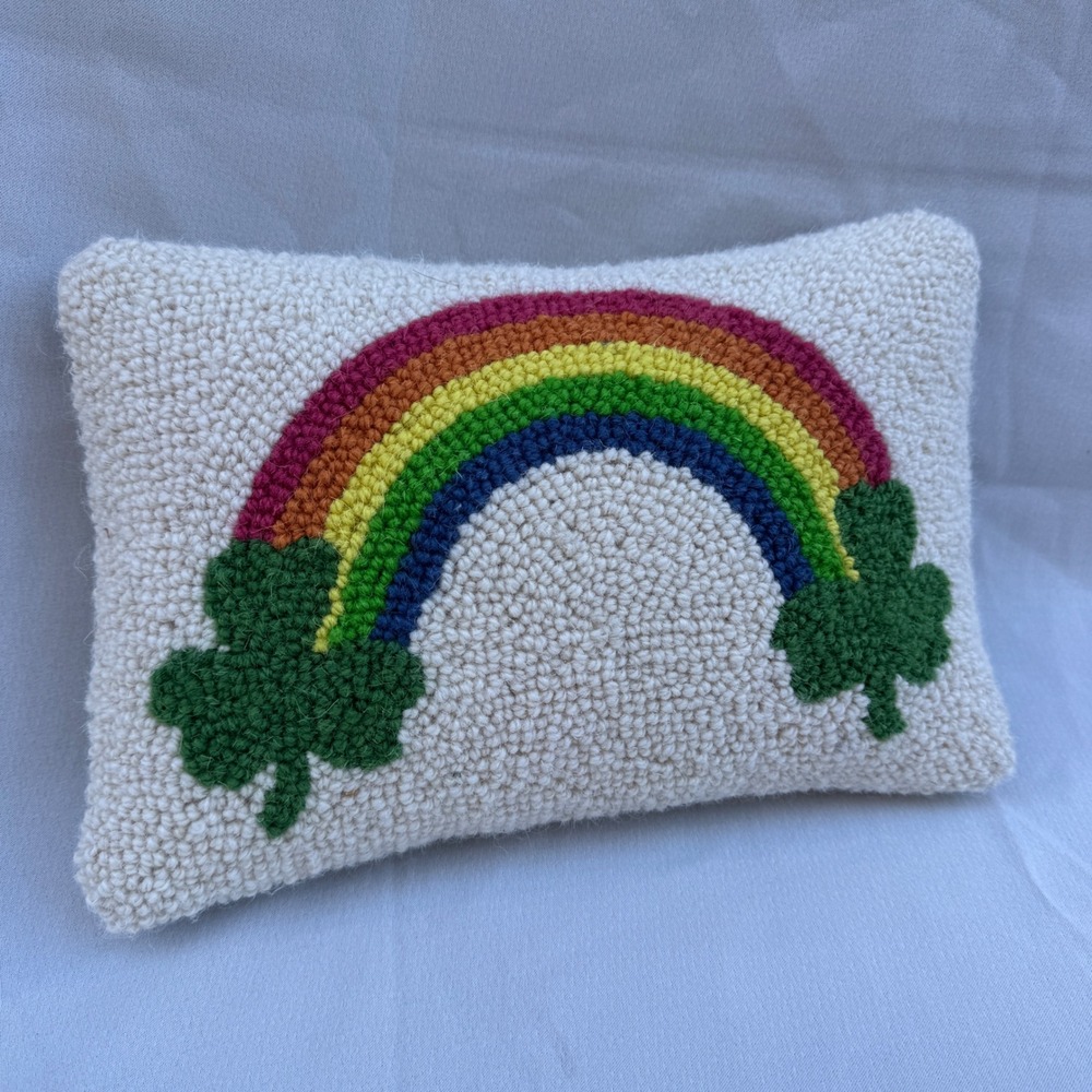Vintage Y2K Rainbow Shamrock Hooked Wool Lumbar Pillow St Patty Day Pride 12x8